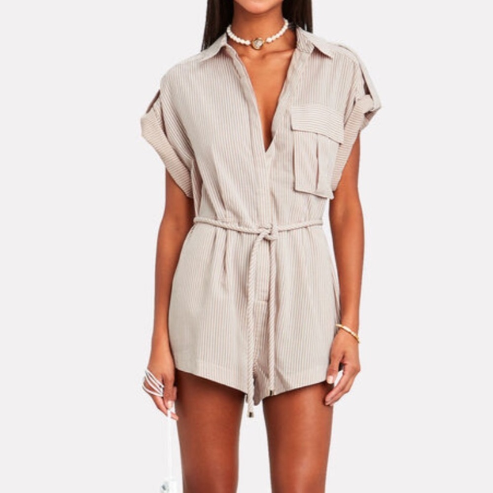 Beige Striped Short Sleeve Romper with Tie Waist